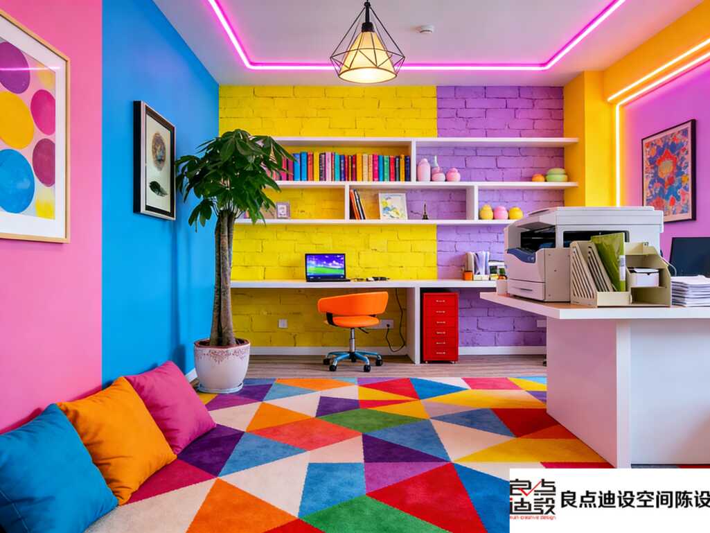 救命!这办公室软装设计也太会玩了吧!多巴胺配色+几何地毯，打工都变快乐星球✨